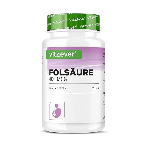Acide Folique 400µg - 365 comprimés en format pratique de 12 mois - Vitamine B9 pour le désir denfant & la grossesse - Haute