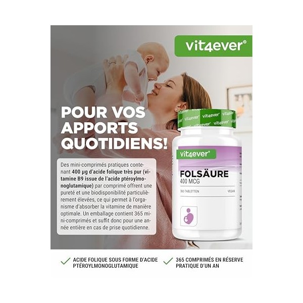 Acide Folique 400µg - 365 comprimés en format pratique de 12 mois - Vitamine B9 pour le désir denfant & la grossesse - Haute