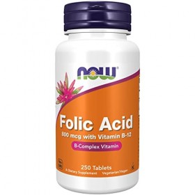 Now Foods, Folic Acid Acide Folique , 800mcg, 250 Comprimés végétaliens, Testé en Laboratoire, Haute Dose, Vitamine B12, San
