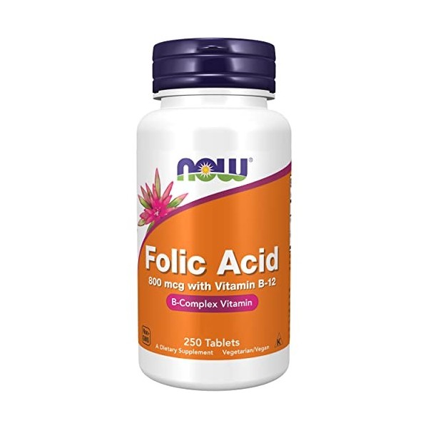 Now Foods, Folic Acid Acide Folique , 800mcg, 250 Comprimés végétaliens, Testé en Laboratoire, Haute Dose, Vitamine B12, San
