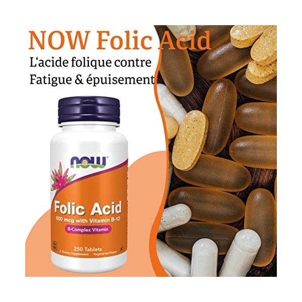 Now Foods, Folic Acid Acide Folique , 800mcg, 250 Comprimés végétaliens, Testé en Laboratoire, Haute Dose, Vitamine B12, San