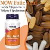 Now Foods, Folic Acid Acide Folique , 800mcg, 250 Comprimés végétaliens, Testé en Laboratoire, Haute Dose, Vitamine B12, San