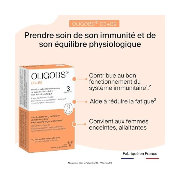 Oligobs D3 B9 - Vitamines D3, Acide Folique - Soutien du Système Immunitaire - Réduction de la Fatigue - Accompagnement du Dé