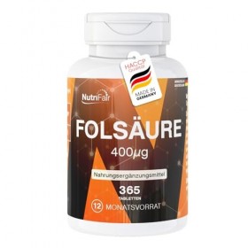 Acide folique 400μg - 365 comprimés - Fertilité et grossesse - Hautement dosé - 100% végétalien - Fabrication et contrôle en 