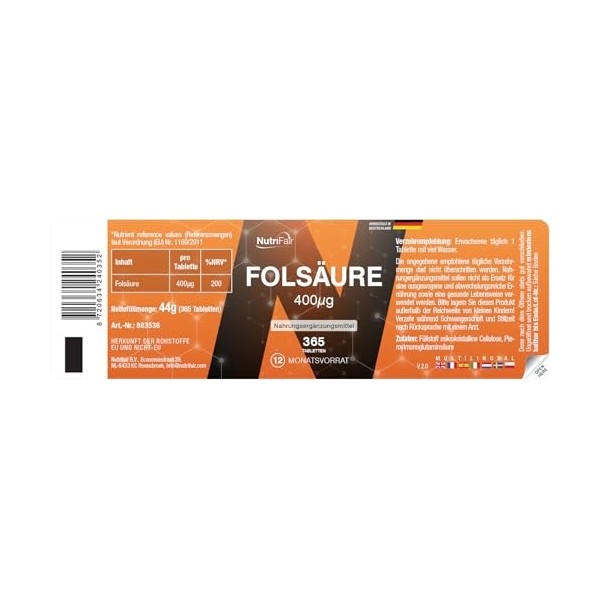 Acide folique 400μg - 365 comprimés - Fertilité et grossesse - Hautement dosé - 100% végétalien - Fabrication et contrôle en 