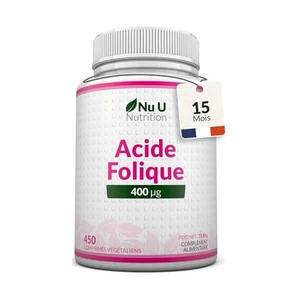 Acide Folique 400 µg – 450 Micro Comprimés Végétaliens – Cure de 15 Mois – Vitamine B9 Folate pour Femmes Enceintes – Supplém