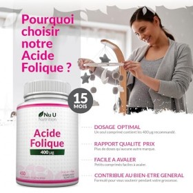 Acide Folique 400 µg – 450 Micro Comprimés Végétaliens – Cure de 15 Mois – Vitamine B9 Folate pour Femmes Enceintes – Supplém