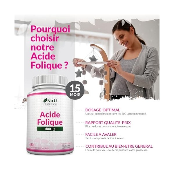 Acide Folique 400 µg – 450 Micro Comprimés Végétaliens – Cure de 15 Mois – Vitamine B9 Folate pour Femmes Enceintes – Supplém