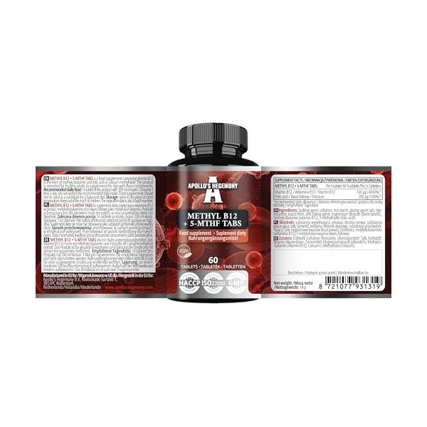 Methyl B12 + 5-MTHF 300 mcg - Vitamine B12 et acide folique - 60 comprimés végétaliens - Soutien à lénergie et au bien-être
