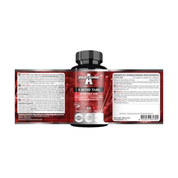 5-MTHF Tabs - 400 µg L-methylfolate per serving - 60 Tablets - 4 Month Supply - Supports Psychological Functions & Reduces Fa