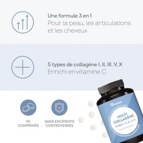 Multi Collagène 5 Types I, II, III, V, X - Peptide de Collagène Hydrolysé & Collagène Marin - Enrichi en Vitamine C - Peau, C