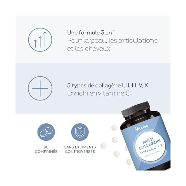Multi Collagène 5 Types I, II, III, V, X - Peptide de Collagène Hydrolysé & Collagène Marin - Enrichi en Vitamine C - Peau, C