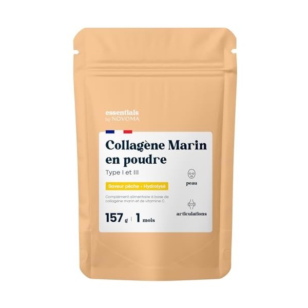 Collagene Marin Poudre Type 1 et 3, Saveur Pêche, Peptides Hydrolysés 2000 DA, Peau Hydratée & Articulations Souples, Sachet 