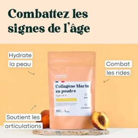 Collagene Marin Poudre Type 1 et 3, Saveur Pêche, Peptides Hydrolysés 2000 DA, Peau Hydratée & Articulations Souples, Sachet 