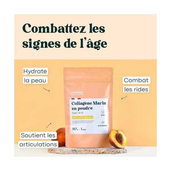 Collagene Marin Poudre Type 1 et 3, Saveur Pêche, Peptides Hydrolysés 2000 DA, Peau Hydratée & Articulations Souples, Sachet 