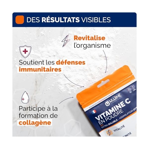 Vitamine C pure en poudre | 1 000mg par dose | Poudre ultra fine, solubilité instantanée | 100% acide L-ascorbique | Immunité...