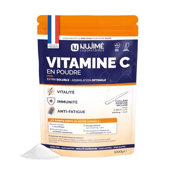 Vitamine C pure en poudre | 1 000mg par dose | Poudre ultra fine, solubilité instantanée | 100% acide L-ascorbique | Immunité...