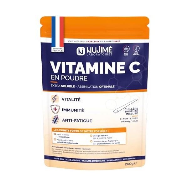 Vitamine C pure en poudre | 1 000mg par dose | Poudre ultra fine, solubilité instantanée | 100% acide L-ascorbique | Immunité...