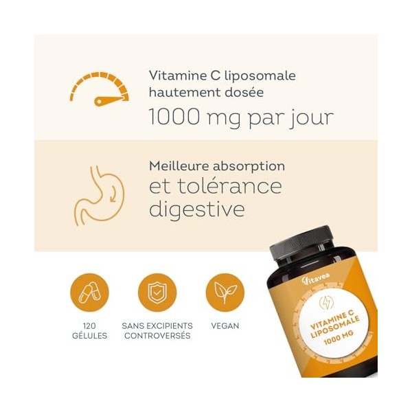 Vitamine C Liposomale 1000mg Haute Absorption - 120 Gélules Vegan - Antioxydant, Anti-Fatigue, Immunité Adulte - Fabriqué en 