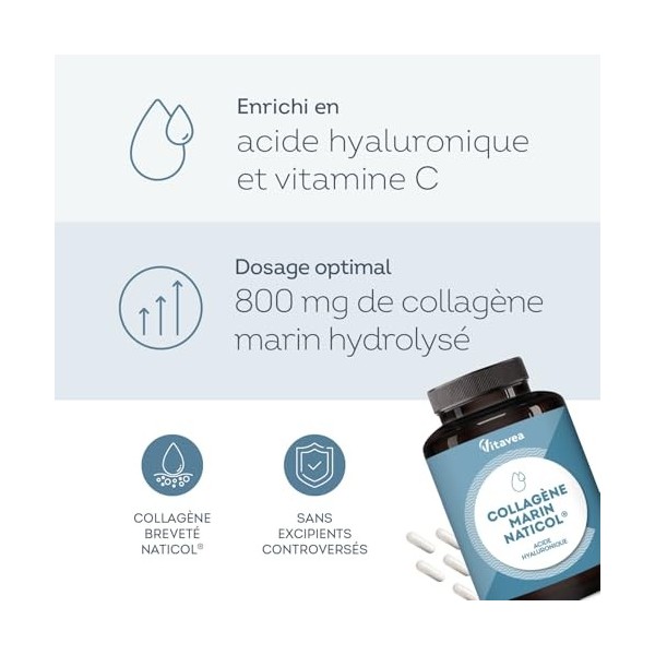 Collagène Marin Breveté Naticol® 800 mg + Acide Hyaluronique & Vitamine C - 1 mois - Peau, Os & Cartilages - 90 Gélules - San...