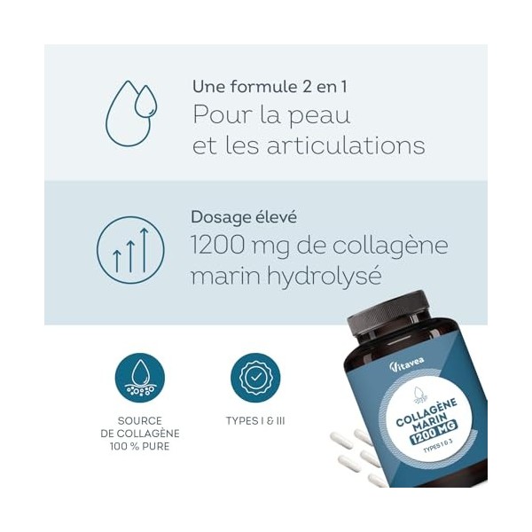 Collagène Marin Hydrolysé 1200 mg - Source de Collagène 100% Pure, Types I & III - 120 gélules - Peptides de Collagène Hydrol