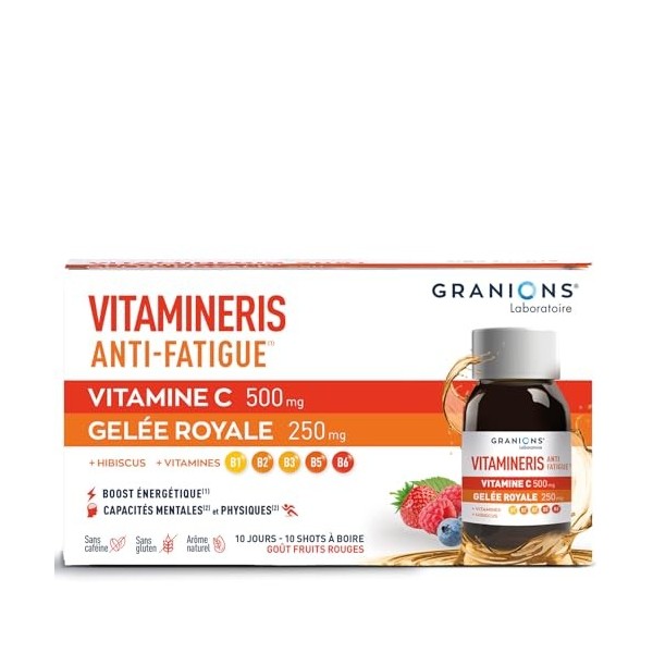 GRANIONS | Vitamineris Shot Anti Fatigue - Vitamine C + Gelee Royale + Hibiscus - Vitamine C Anti Fatigue Puissant - 6 Vitami