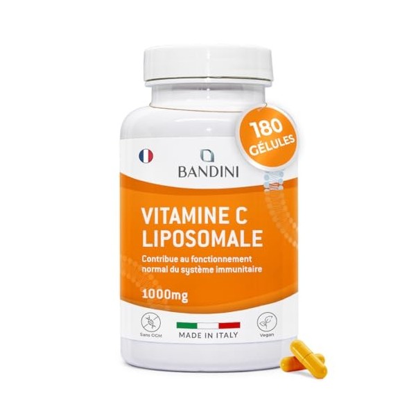 Bandini® Vitamine C Liposomale 1000mg, 180 Gélules Vegan 3 mois , Acide Ascorbique à Haut Dosage, Haute Absorption et Biodis