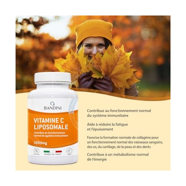 Bandini® Vitamine C Liposomale 1000mg, 180 Gélules Vegan 3 mois , Acide Ascorbique à Haut Dosage, Haute Absorption et Biodis