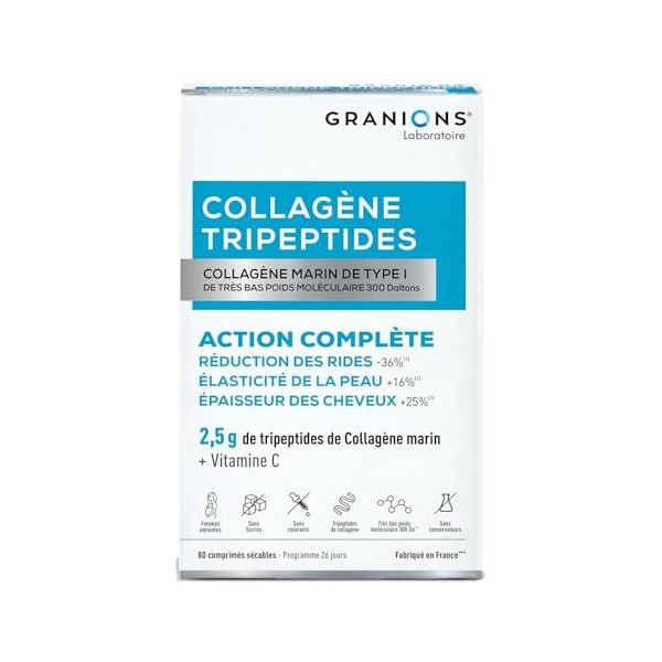 GRANIONS COLLAGENE MARIN TRIPEPTIDES 2,5g - Collagene Marin Tripeptides Anti Rides -36% + Élasticité Peau +16% - Vitamine Vit...