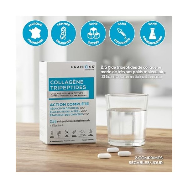 GRANIONS COLLAGENE MARIN TRIPEPTIDES 2,5g - Collagene Marin Tripeptides Anti Rides -36% + Élasticité Peau +16% - Vitamine Vit...