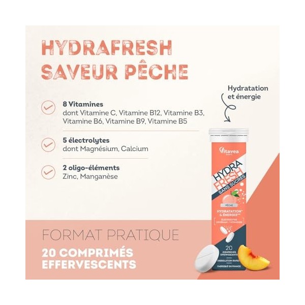 HydraFresh - Pastilles hydratation Effervescentes - Magnésium, Électrolytes, Calcium, Vitamines C et B - Complément alimentai...