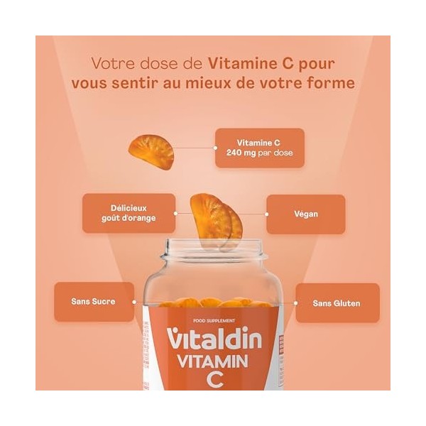 VITALDIN Gummies Vitamine C – 240 mg par dose – Enfants et adultes – Renforce l’immunité et réduit la fatigue – Véganes, sans