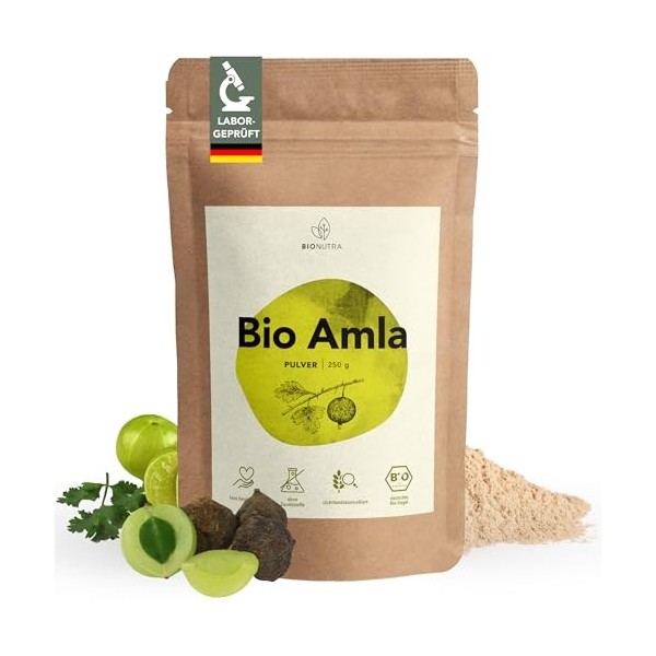 BIONUTRA® Poudre d’Amla Bio – 250 g Amalaki groseille indienne , contrôlée pour les résidus, végane, sans additifs, cru, cer