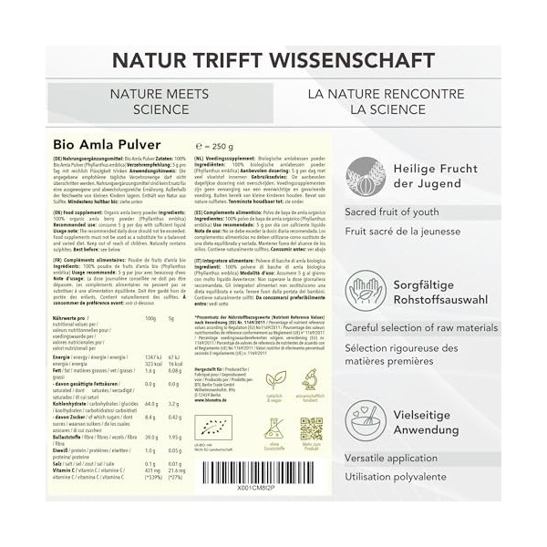 BIONUTRA® Poudre d’Amla Bio – 250 g Amalaki groseille indienne , contrôlée pour les résidus, végane, sans additifs, cru, cer