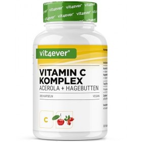 Complexe de vitamine C naturelle - 300 gélules en réserve de 5 mois - Extrait dacérola & extrait de cynorrhodon avec 400 mg 