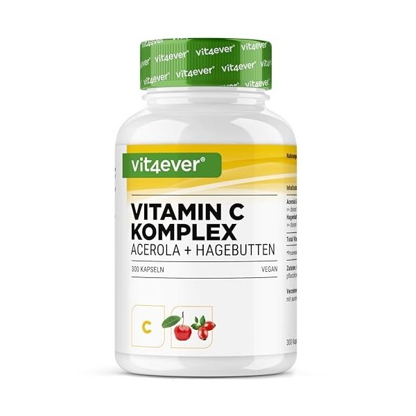 Complexe de vitamine C naturelle - 300 gélules en réserve de 5 mois - Extrait dacérola & extrait de cynorrhodon avec 400 mg