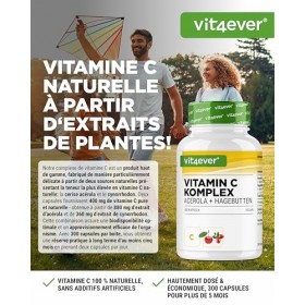 Complexe de vitamine C naturelle - 300 gélules en réserve de 5 mois - Extrait dacérola & extrait de cynorrhodon avec 400 mg 