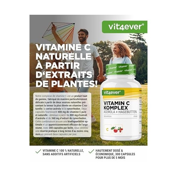 Complexe de vitamine C naturelle - 300 gélules en réserve de 5 mois - Extrait dacérola & extrait de cynorrhodon avec 400 mg