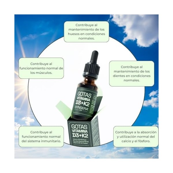 SYNSERA - Vitamine D3 + K2 + E + Triglycérides en gouttes – 2000 UI D3 + 25 µg K2 MK7 – Biodisponibilité avec TCM – Soutient