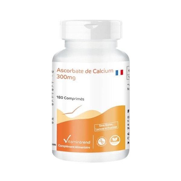Ascorbate de Calcium 180 comprimés ! POUR 6 MOIS ! Vitamine C 300mg tamponnée – Végan Flacon avantageux | Vitamintrend®