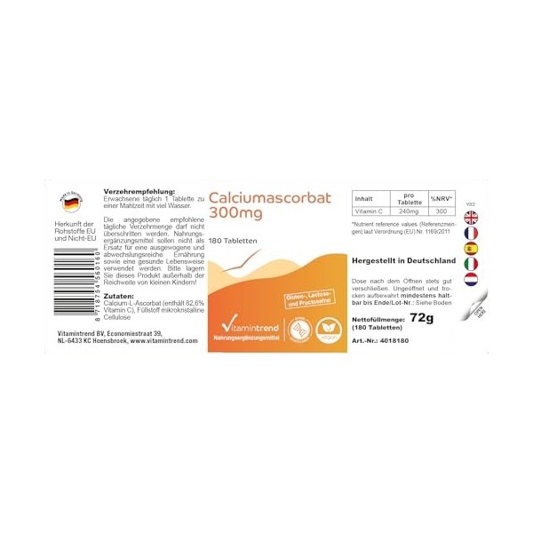 Ascorbate de Calcium 180 comprimés ! POUR 6 MOIS ! Vitamine C 300mg tamponnée – Végan Flacon avantageux | Vitamintrend®