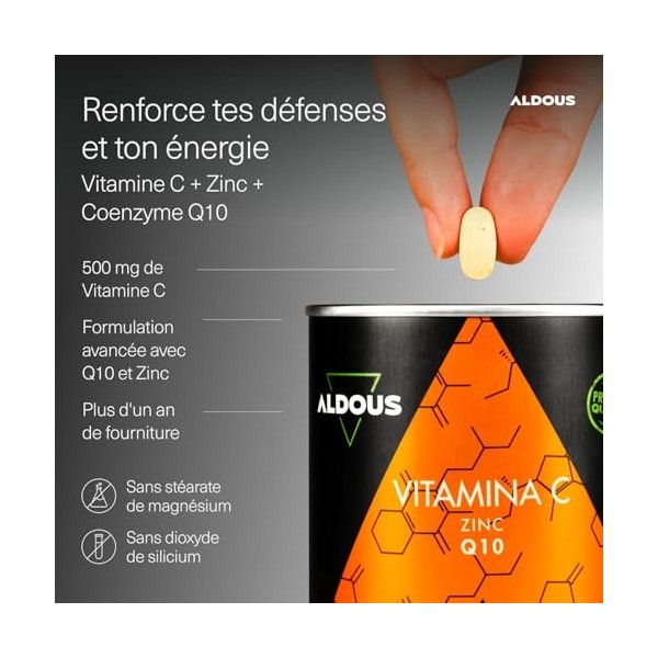 Vitamine C + Zinc - 400 Comprimés - 500mg de Vitamine C + 10mg de Zinc + 20mg de Q10 par dose journalière - Vitamines pour la