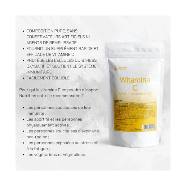 Vitamine C - Acide L-ascorbique - 1000 g de poudre - 1000 mg de vitamine C par portion - Poudre de vitamine C hautement dosée