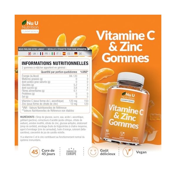 Vitamine C Gummies avec Zinc - 90 Gommes Véganes - 120mg de Vitamine C & 12mg de Zinc par portion – Complément alimentaire -