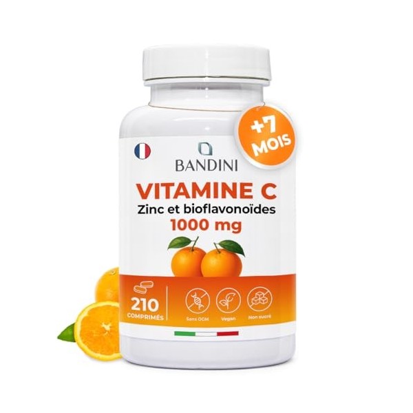 Bandini® Vitamine C 1000 mg + Zinc + Bioflavonoïdes | 210 comprimés végan, 7 mois | Fatigue, Immunité, Peau, Os & Ongles | Vi