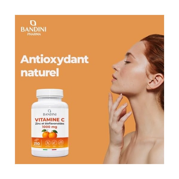 Bandini® Vitamine C 1000 mg + Zinc + Bioflavonoïdes | 210 comprimés végan, 7 mois | Fatigue, Immunité, Peau, Os & Ongles | Vi