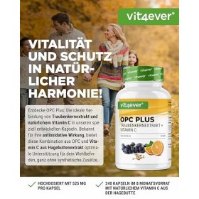 Extrait de pépins de raisin OPC + vitamine C naturelle - 240 gélules pour 8 mois - Teneur en OPC la plus élevée selon HPLC - ...