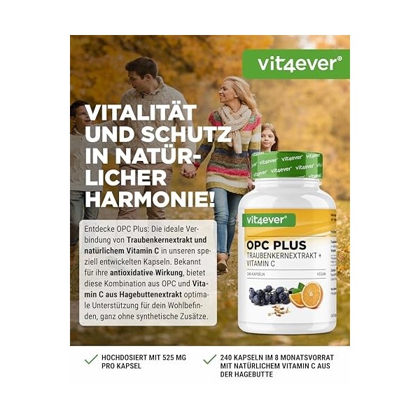 Extrait de pépins de raisin OPC + vitamine C naturelle - 240 gélules pour 8 mois - Teneur en OPC la plus élevée selon HPLC - ...