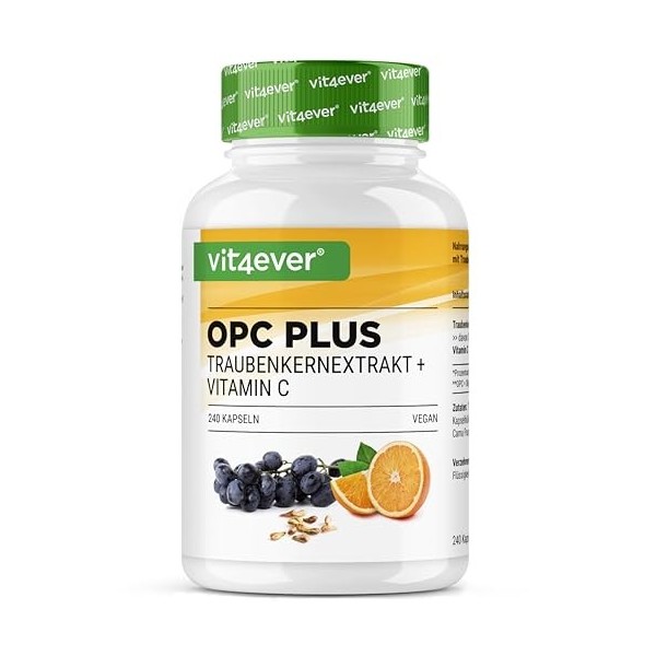 Extrait de pépins de raisin OPC + vitamine C naturelle - 240 gélules pour 8 mois - Teneur en OPC la plus élevée selon HPLC - ...