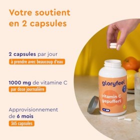 Vitamine C 1000mg 365 Capsules, Antioxydant pour Os, Système Immunitaire, Peau, et Fatigue*, Cure de 6 Mois, Vitamine C Tampo